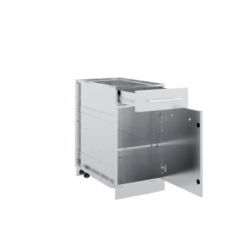 Stainless steel utility cabinet for Broil King BBQ islands featuring a top storage drawer and a lower cabinet door with internal shelving.