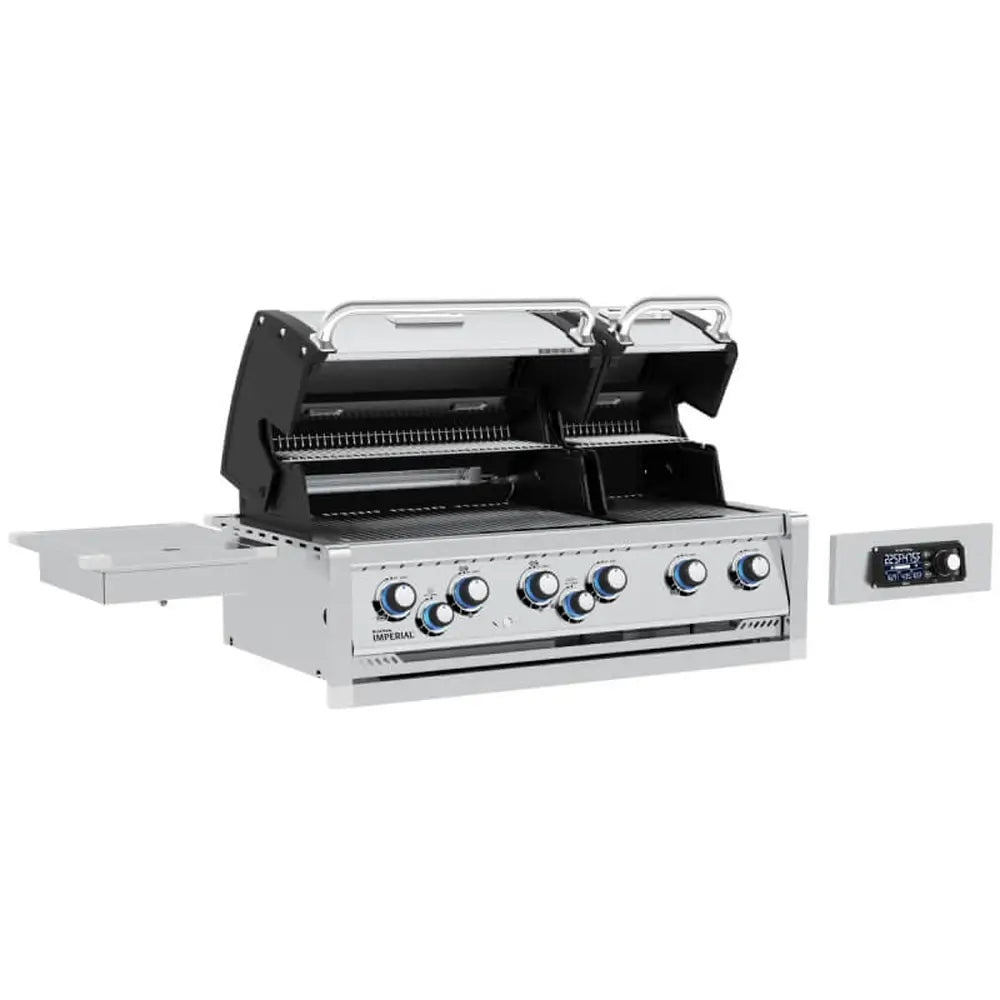 Broil King Imperial QS 690i dual-hood gas grill head featuring illuminated control knobs and open lids showing stainless steel cooking grates.