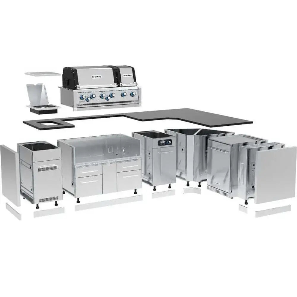 Modular assembly view of a Broil King L-shaped outdoor kitchen island with stainless steel cabinets, black countertop, and QS 690i smart grill.