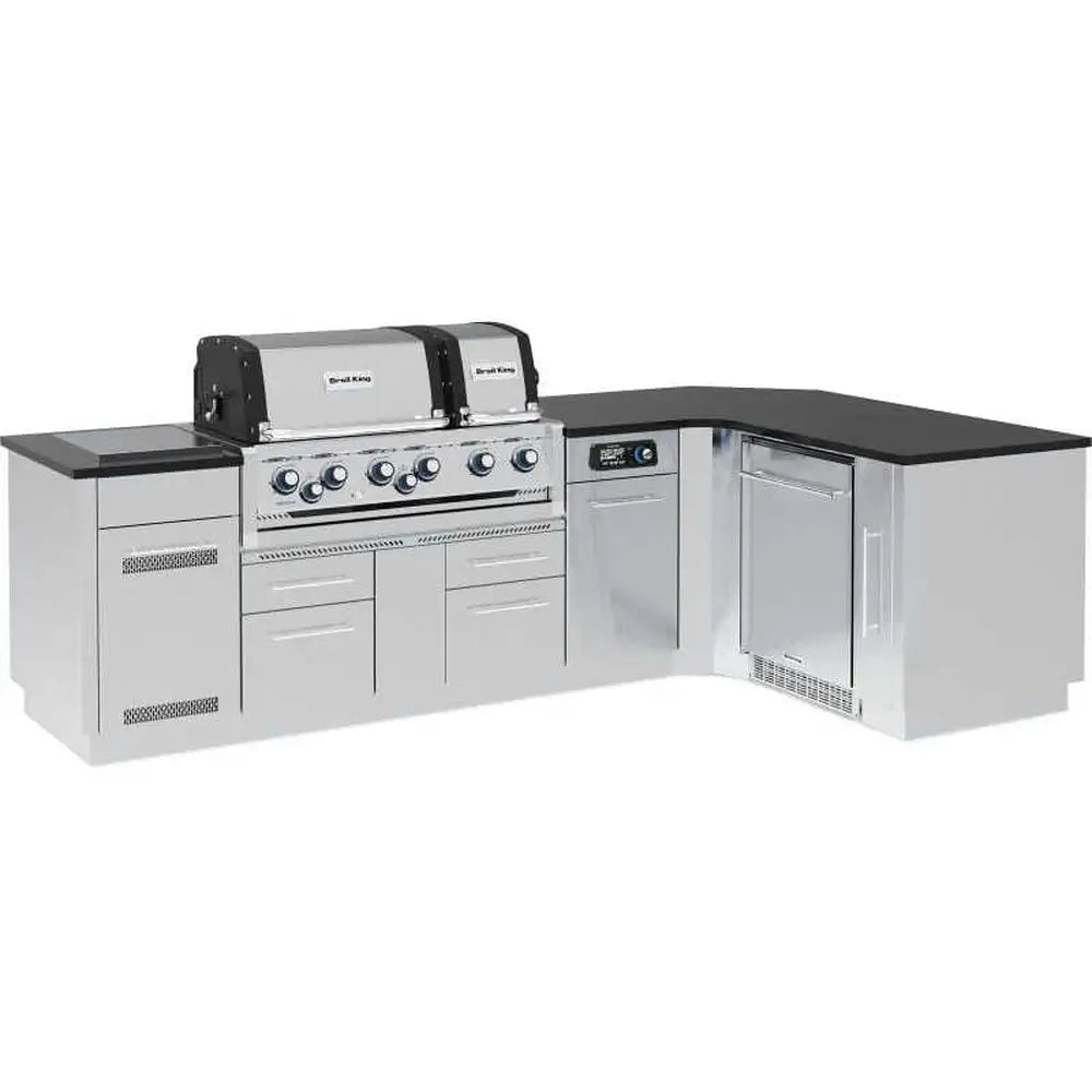 Premium Broil King L-shaped stainless steel outdoor kitchen island with integrated smart grill, side burner, and refrigerator.