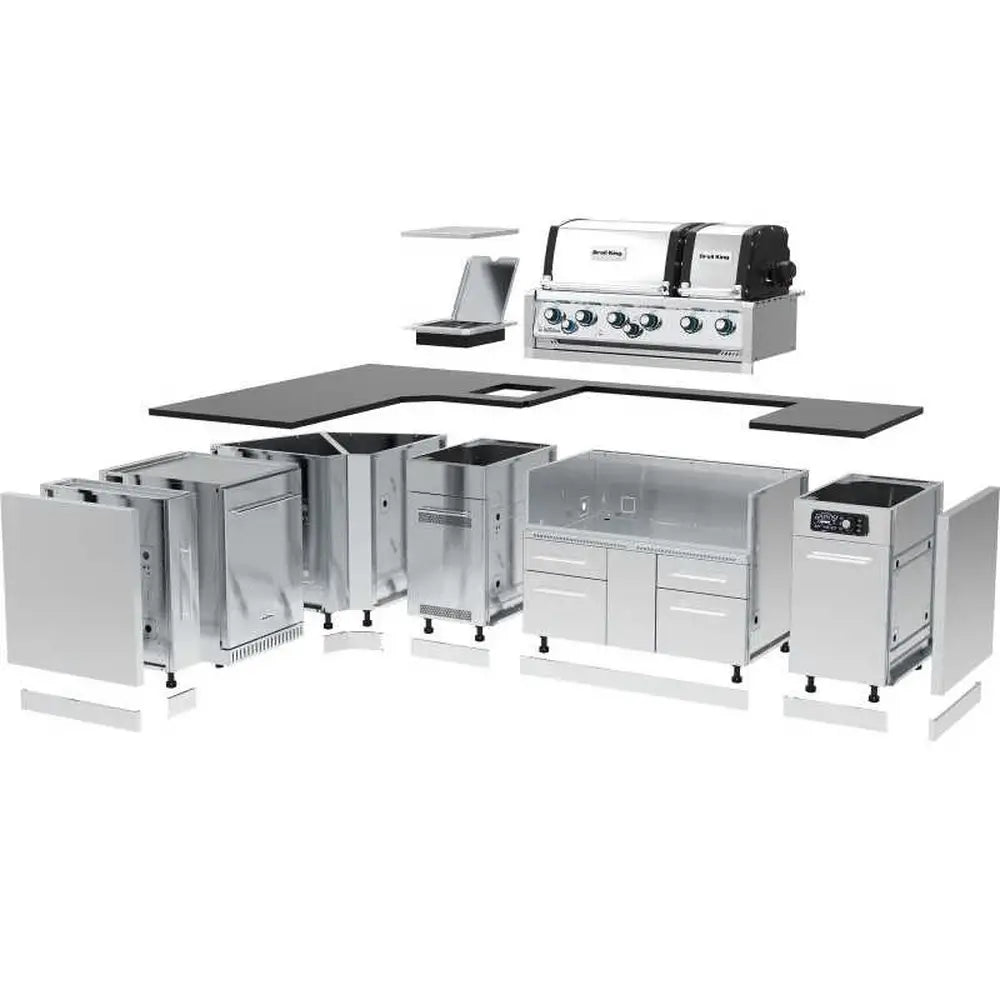 Exploded view of the modular stainless steel cabinet components and countertop for the Broil King Imperial L-shaped BBQ island.