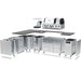 Exploded view of the modular stainless steel cabinet components and countertop for the Broil King Imperial L-shaped BBQ island.