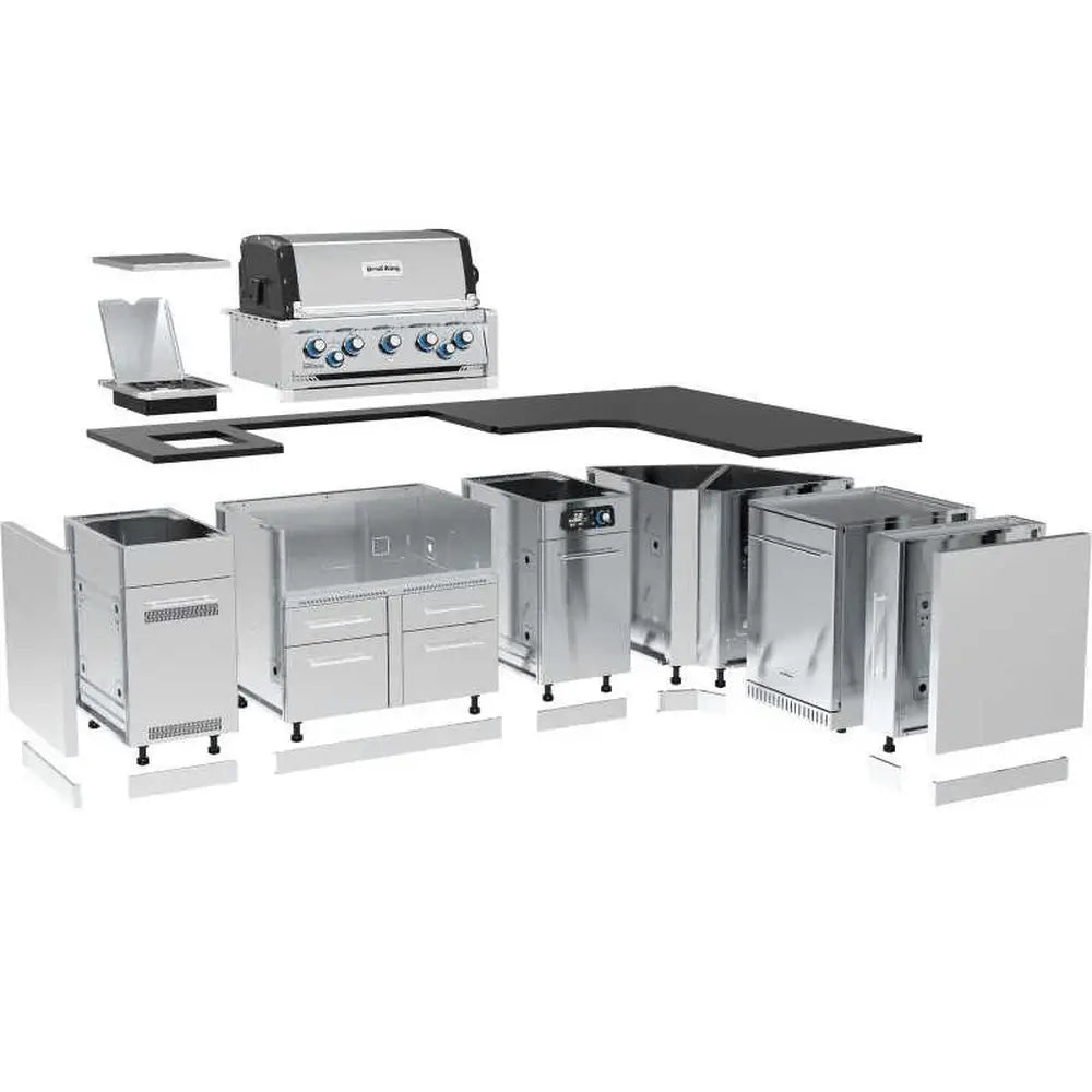 Exploded view diagram of a Broil King Imperial QS 590iG Smart Grill Island showing modular stainless steel cabinets, black countertop, and built-in gas grill components.