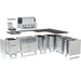 Exploded view diagram of a Broil King Imperial QS 590iG Smart Grill Island showing modular stainless steel cabinets, black countertop, and built-in gas grill components.
