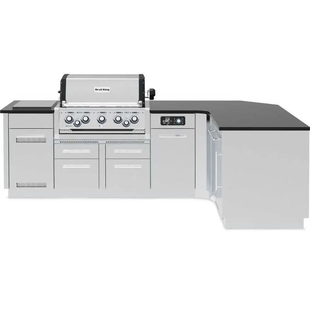 Front view of the Broil King Imperial QS 590iG Smart Grill Island with stainless steel storage drawers, built-in 5-burner gas grill, and sleek black workspace.