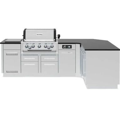 Front view of the Broil King Imperial QS 590iG Smart Grill Island with stainless steel storage drawers, built-in 5-burner gas grill, and sleek black workspace.