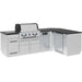 Assembled Broil King Imperial QS 590iG L-shaped stainless steel outdoor kitchen island featuring a built-in smart grill and integrated side burner.