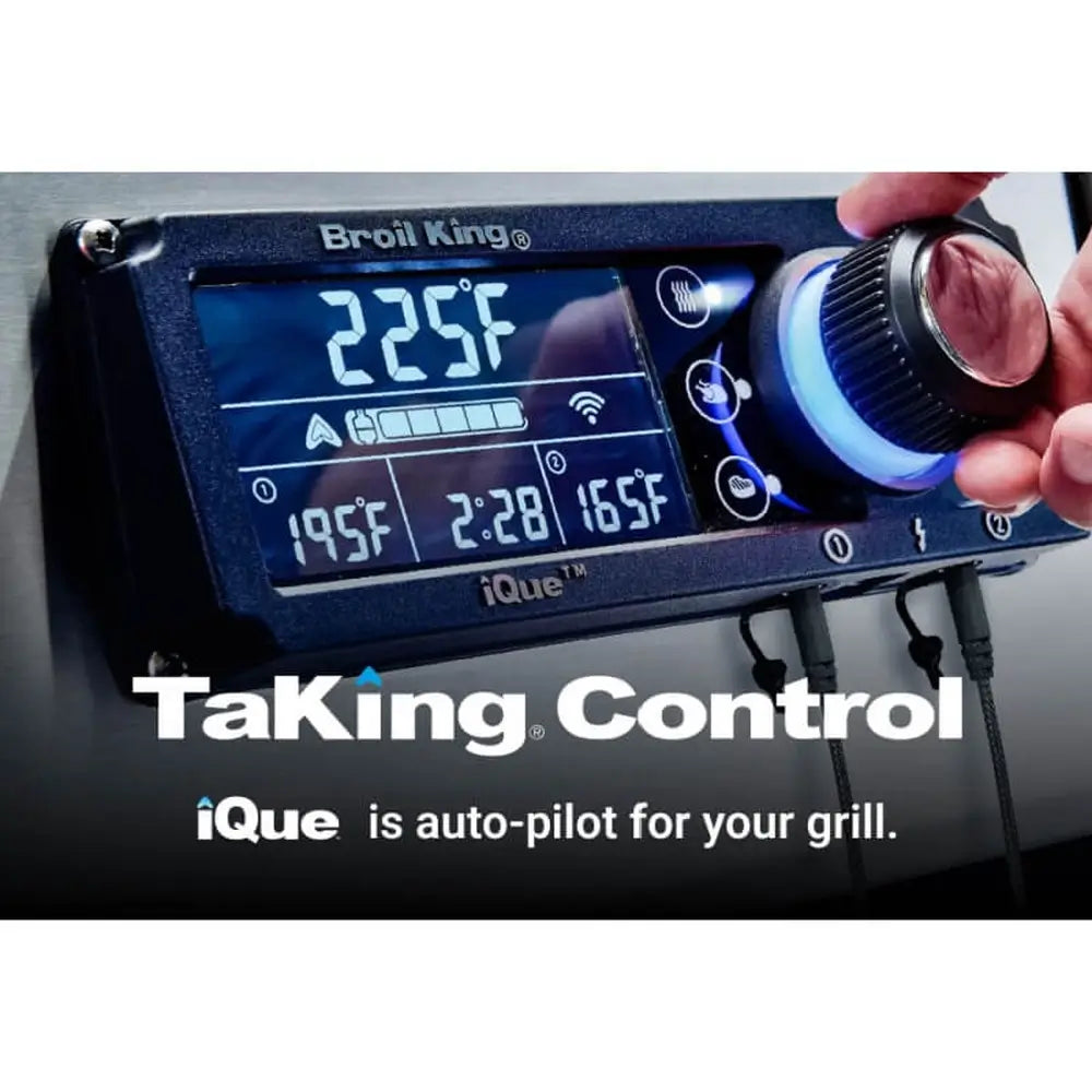 Detailed shot of the Broil King iQue digital control panel with backlit knob for precise auto-pilot grill temperature management.
