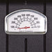 Close-up view of the accurate temperature gauge on the Broilmaster  grill hood, showing Fahrenheit and Celsius scales