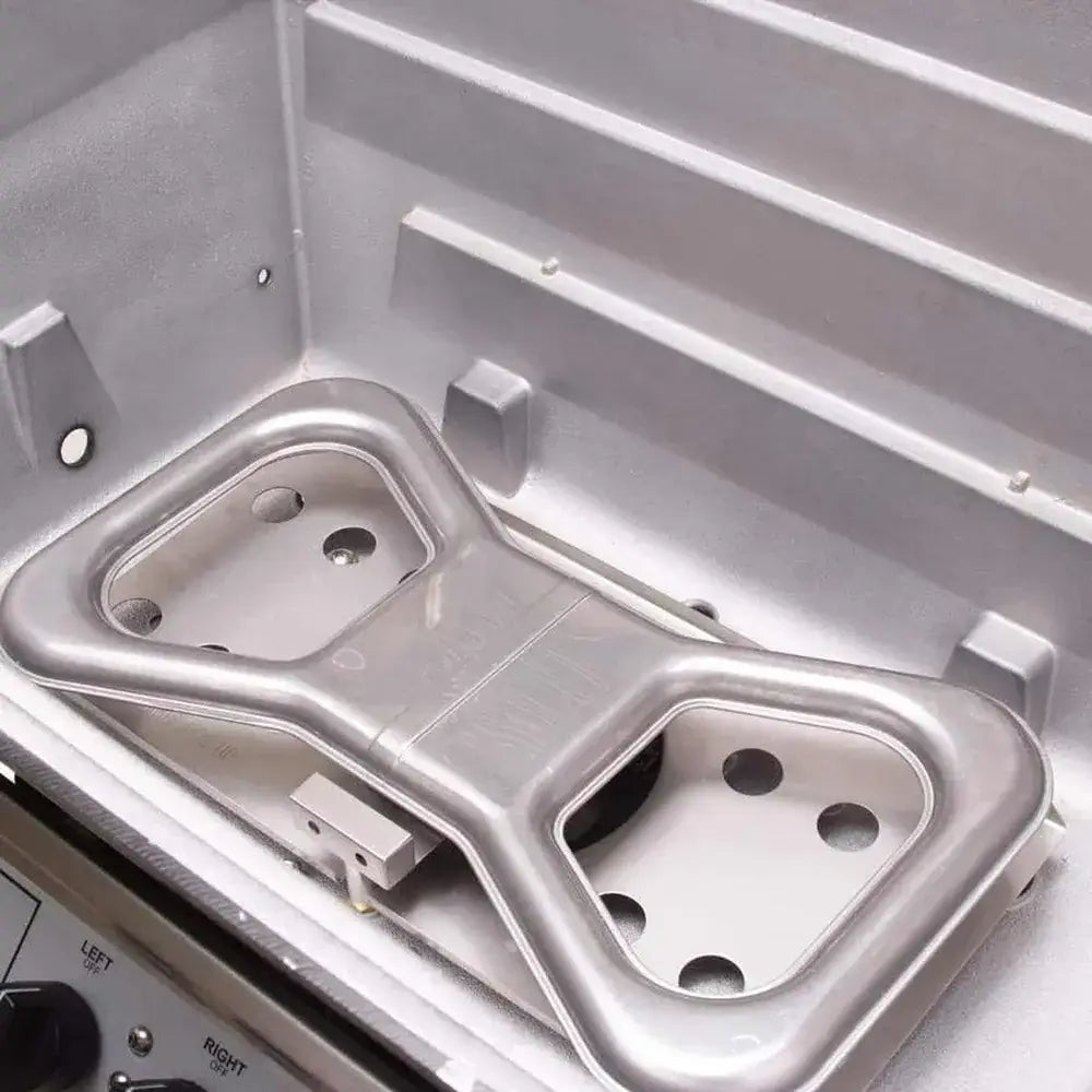 Heavy-duty cast aluminum firebox and burner cradle in the Broilmaster grill for long-lasting performance