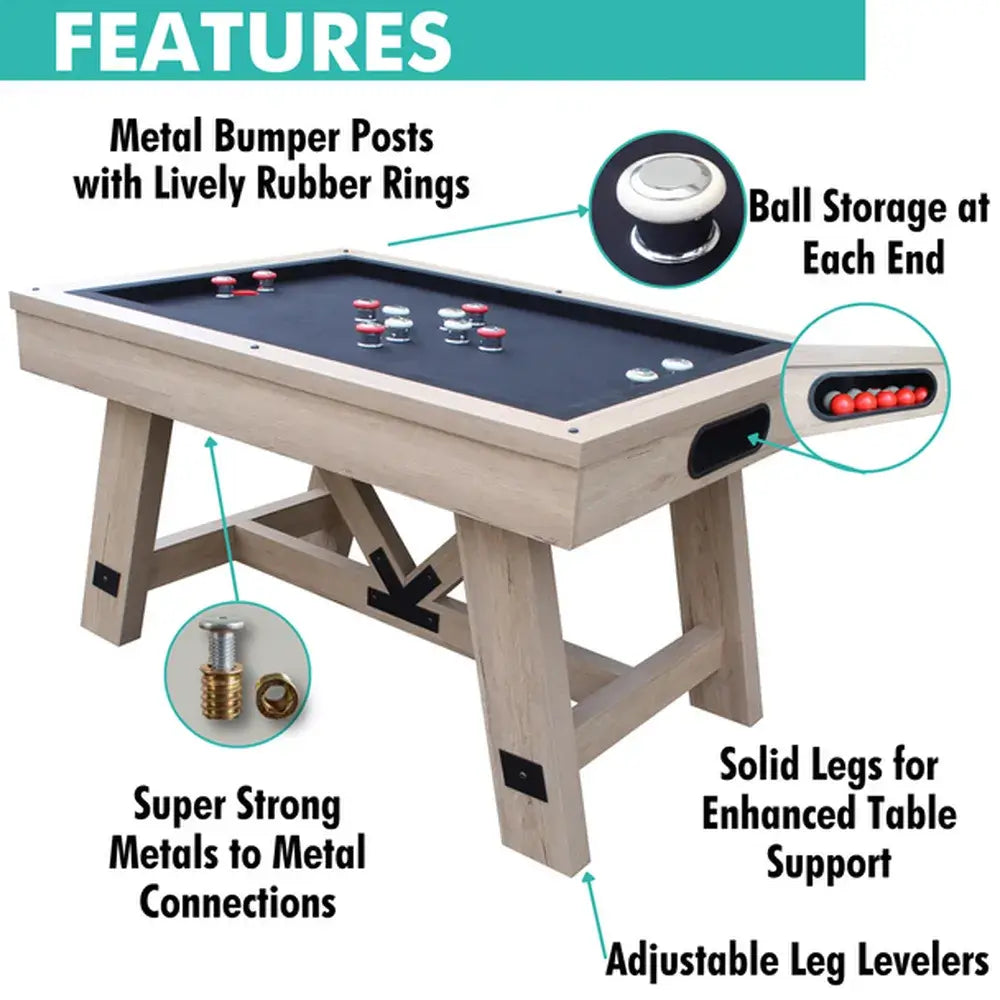 Features of Freetime Fun Baddah Bing: Metal Bumper Posts, ball storage, solid core legs, and adjustable leg levelers