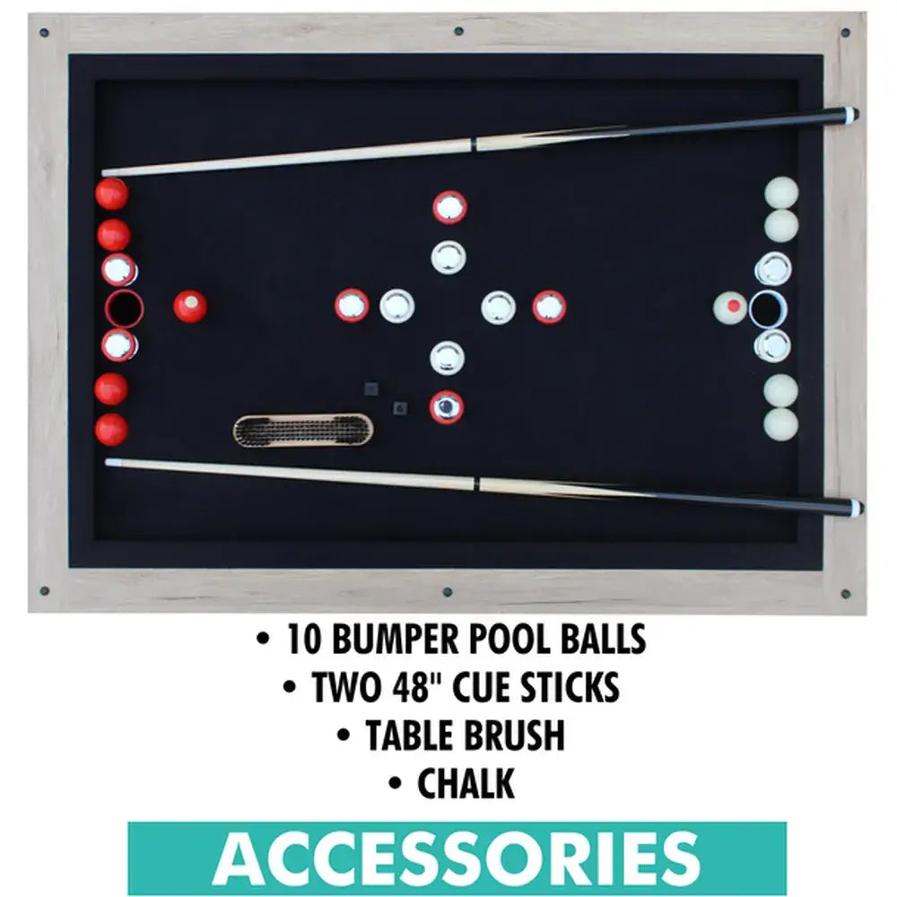 Accessories for Freetime Fun Baddah Bing: 10 bumper pool balls, two 48-inch cue sticks, table brush, and chalk