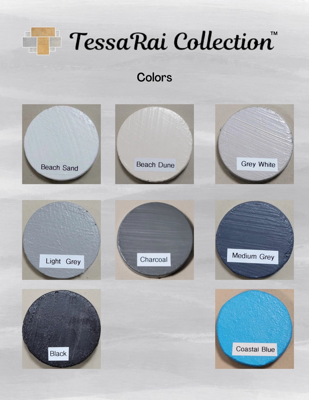 TessaRai Collection color chart for fire water bowls including Beach Sand, Charcoal, and Coastal Blue finishes.