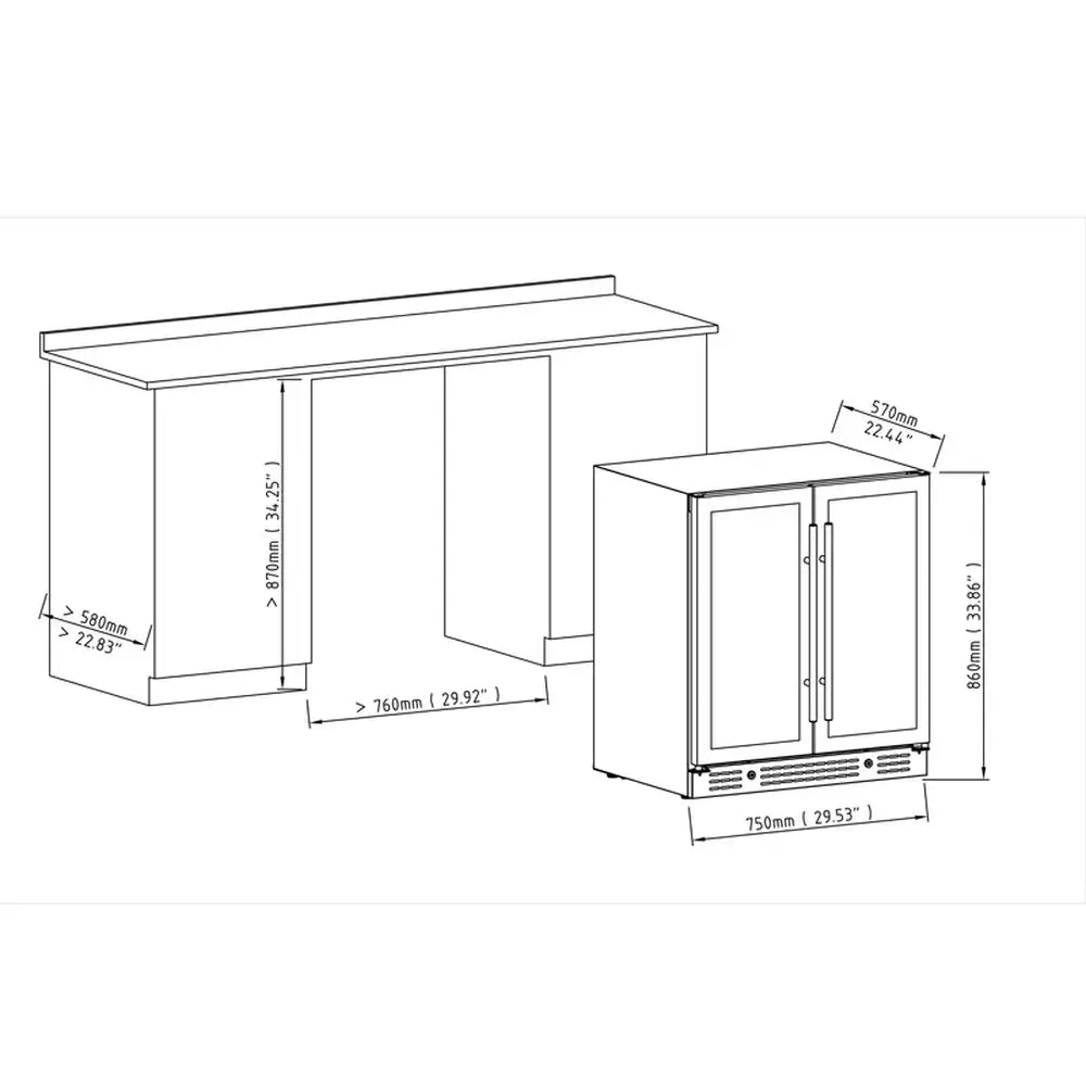 Under-counter cabinet cutout dimensions and installation diagram for KingsBottle 30-inch dual zone wine refrigerator.