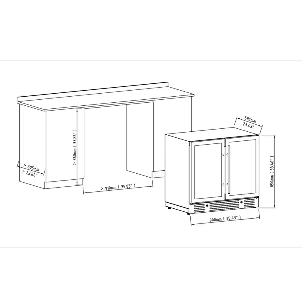 Cabinetry cutout dimensions and installation guide diagram for KingsBottle 36-inch built-in dual zone wine cooler.