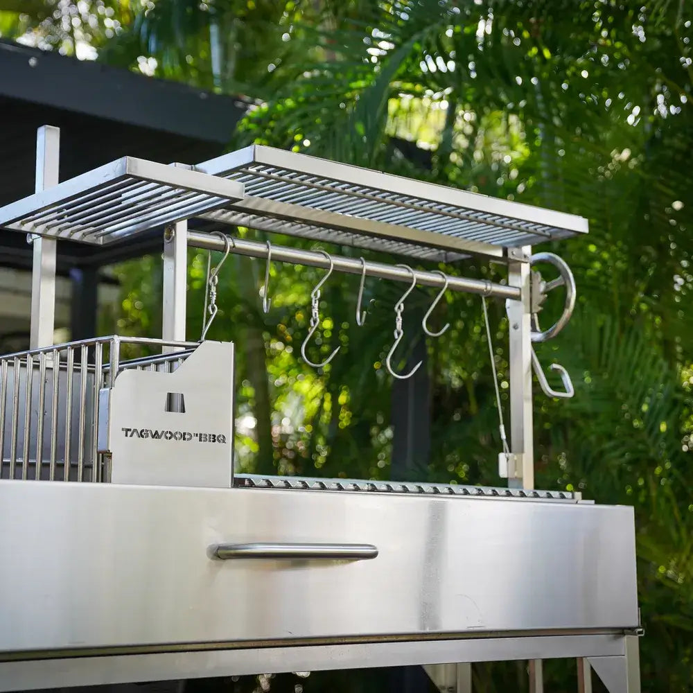 Tagwood BBQ06SS grill hook rack and warming shelf with adjustable crank lift system