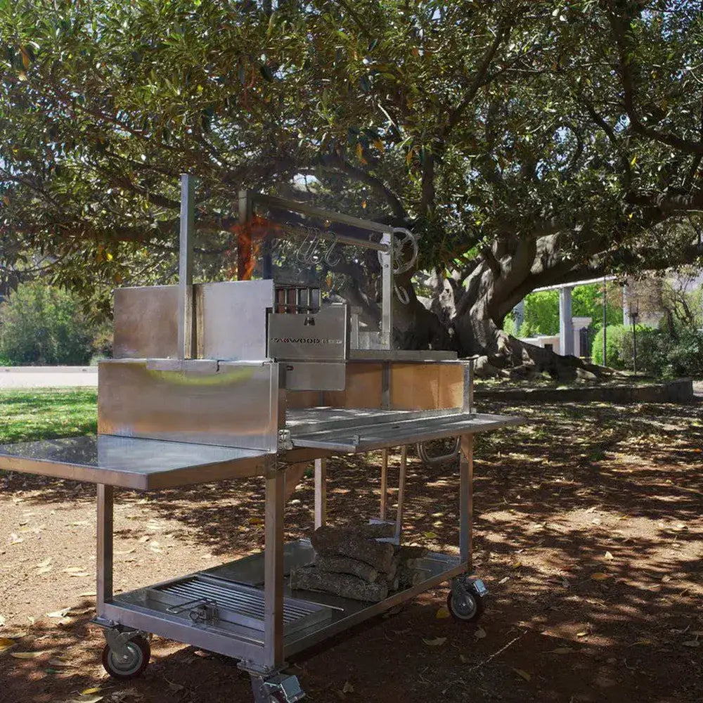 Tagwood BBQ23SS XL Santa Maria grill cooking outdoors under large tree with wood fire
