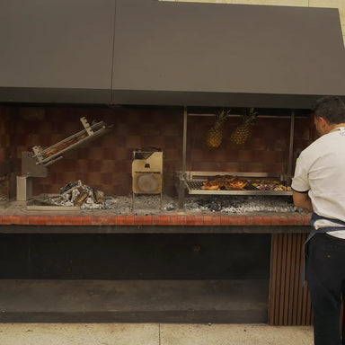 Tagwood BBQ09SS Santa Maria insert grill installed in masonry barbecue pit with rotisserie and grill system