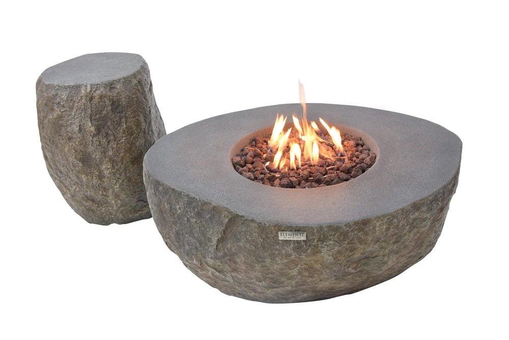 Elementi Boulder fire table shown alongside a matching boulder-style propane tank cover to hide the fuel source.