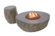 Elementi Boulder fire table shown alongside a matching boulder-style propane tank cover to hide the fuel source.