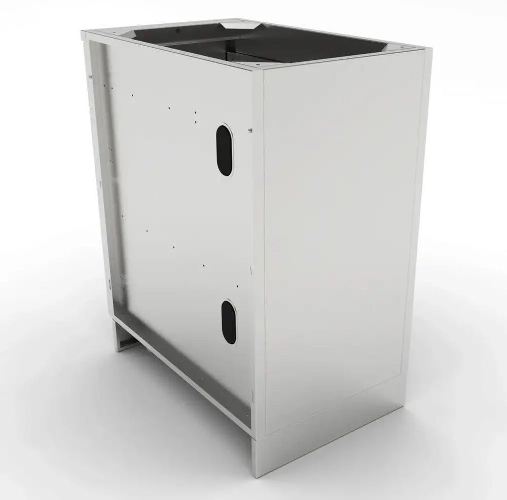 Rear perspective of the Sunstone outdoor kitchen base cabinet showing the enclosed side panel and the structural kickplate base for stable outdoor mounting.