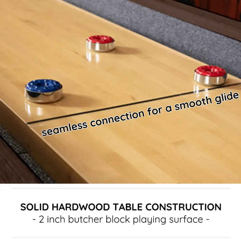 Premium accessories included with the Freetime Fun Rockford Espresso shuffleboard table package, featuring 4 red pucks, 4 blue pucks, 1 wood felt brush, 1 can of speed wax, and 2 abacus score keepers.