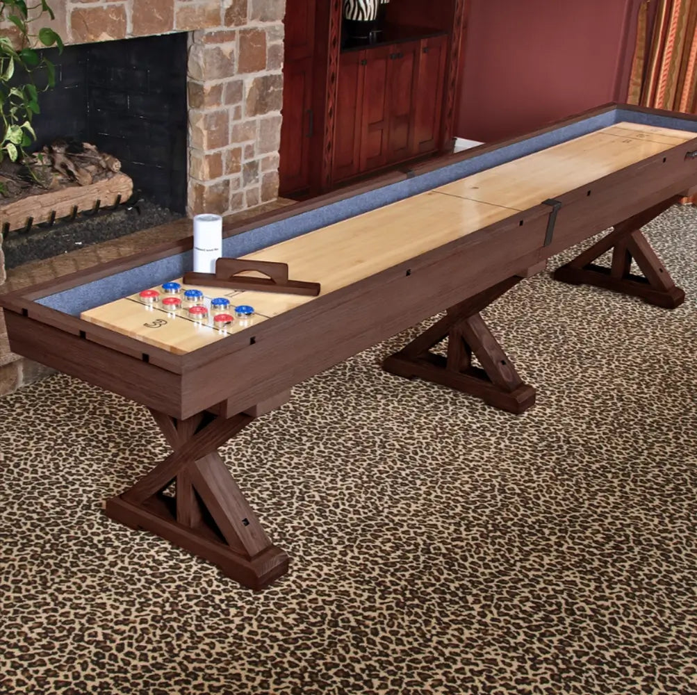 Close-up of the 2-inch solid hardwood butcher block playing surface on the Freetime Fun Rockford Espresso shuffleboard table, highlighting the seamless connection seam for a smooth puck glide.