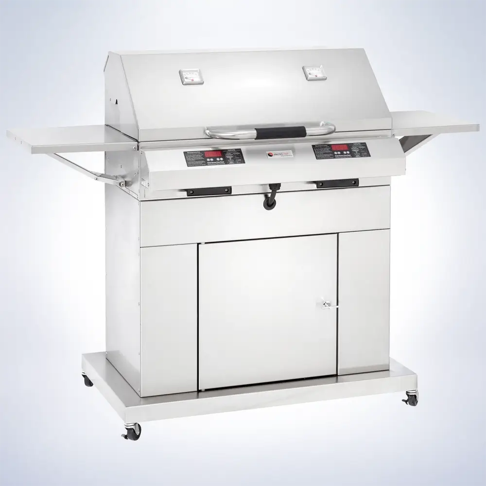 ElectriChef Ruby 32-Inch Dual Control Electric Grill with Closed Lid – Premium stainless steel design with side shelves and control panel.