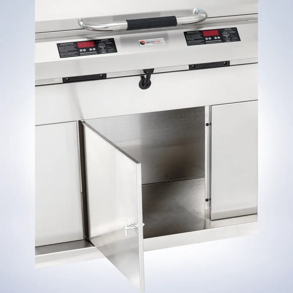 ElectriChef Ruby 32″ Grill Storage Cabinet – Stainless steel lower compartment with open door for tool and accessory storage.