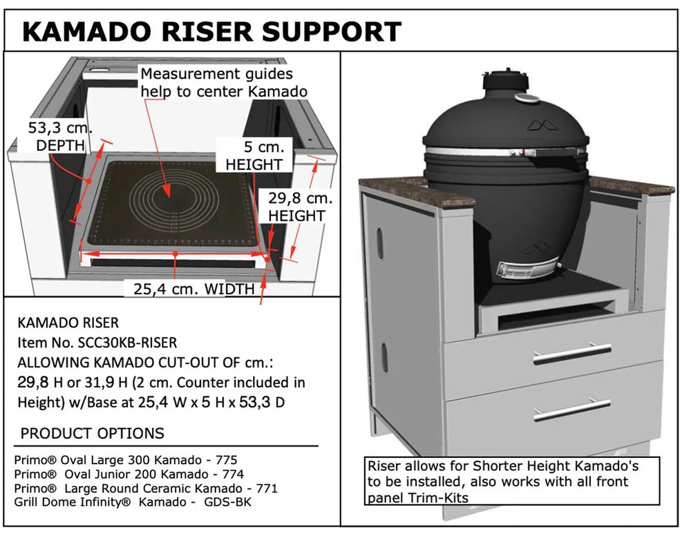 Sunstone SCC30KB-RISER kamado height riser support diagram with measurements, showing centering guides for kamado grill base cabinet cutout.