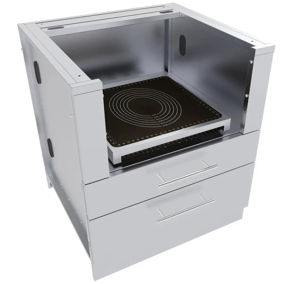 Sunstone SCC30KB-RISER kamado height riser installed in stainless base cabinet, showing support platform for kamado grill fit and elevation.
