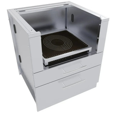 Sunstone SCC30KB-RISER kamado height riser installed in stainless base cabinet, showing support platform for kamado grill fit and elevation.