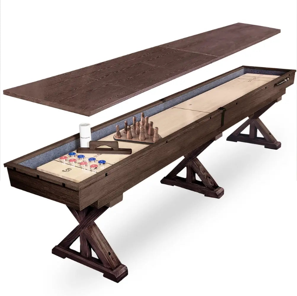 Fully assembled Freetime Fun Rockford Espresso 14' 2-piece shuffleboard table displayed in a luxury home game room next to a stone fireplace on a leopard-print carpet.