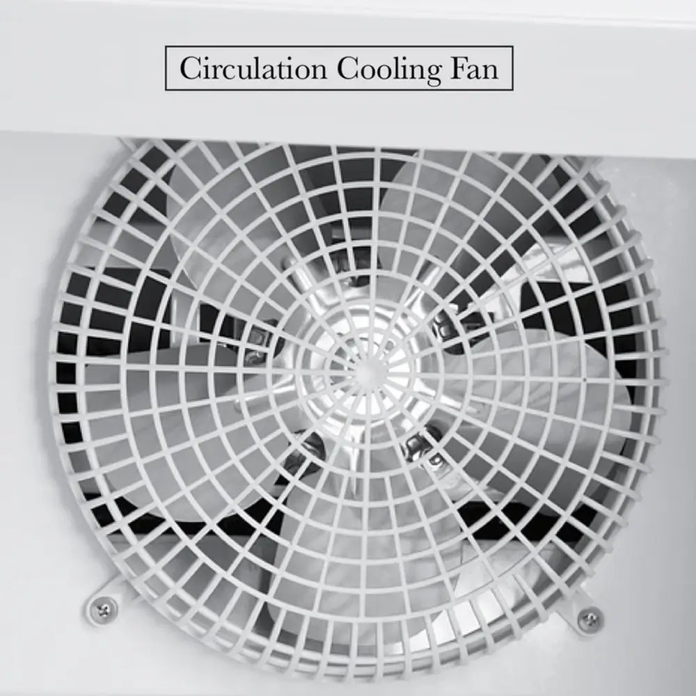 Close-up of the internal circulation cooling fan inside a KingsBottle G380 merchandiser refrigerator for even temperature distribution.