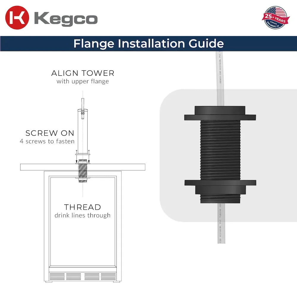 Kegco 24" Single Tap ADA Kegerator flange installation guide showing how to align tower, screw on, and thread drink lines