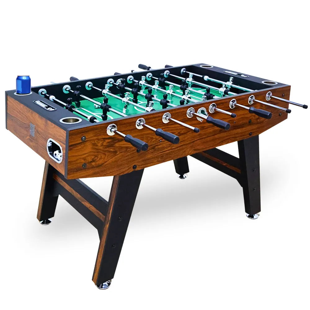Freetime Fun Avenger 56-inch foosball table with a wood grain finish, black legs, and built-in cup holders on a white background.
