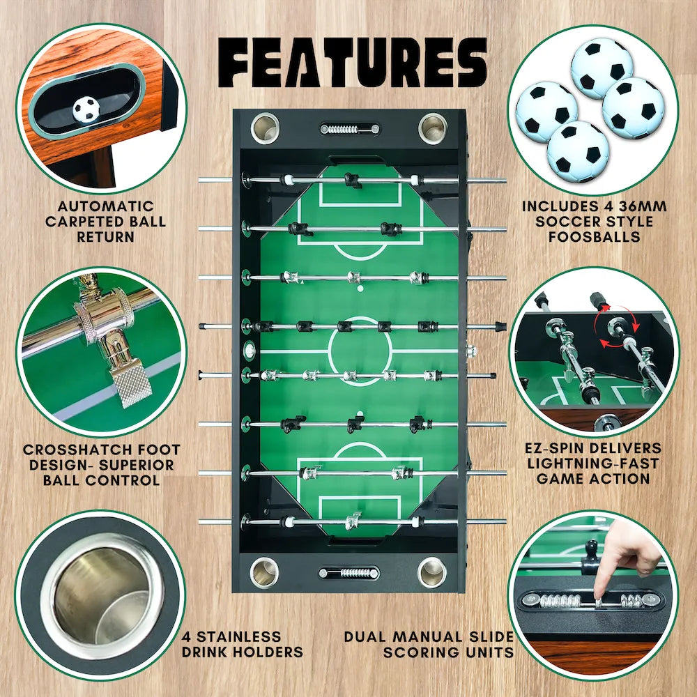 Top-down view and feature highlights of the Avenger table including automatic ball return, cup holders, and manual scorers.