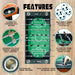 Top-down view and feature highlights of the Avenger table including automatic ball return, cup holders, and manual scorers.
