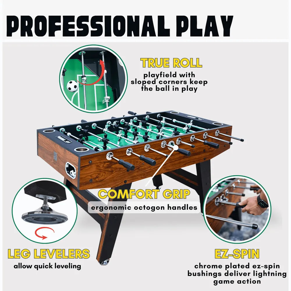 Detailed view of the sloped playfield corners, leg levelers, and ergonomic octagon handles for professional foosball play.