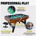 Detailed view of the sloped playfield corners, leg levelers, and ergonomic octagon handles for professional foosball play.