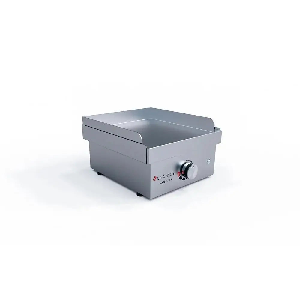 Le Griddle 1-burner stainless steel tabletop gas griddle angled view.