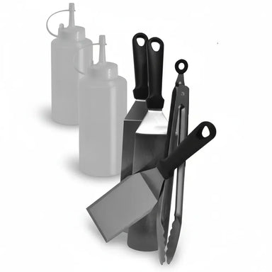 Le Griddle 6-Piece Griddle Accessory Kit (GFSK), stainless steel tools including spatulas, scraper, and tongs.