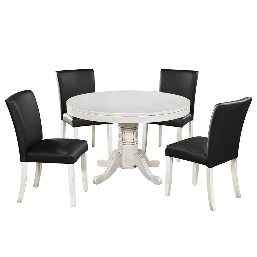 RAM Game Room GTBL48 AW 48-inch round dining table set with four black upholstered chairs
