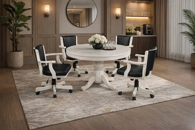 RAM Game Room GTBL48 AW 48-inch 2-in-1 game table in antique white finish with four black swivel game chairs in staged room setting