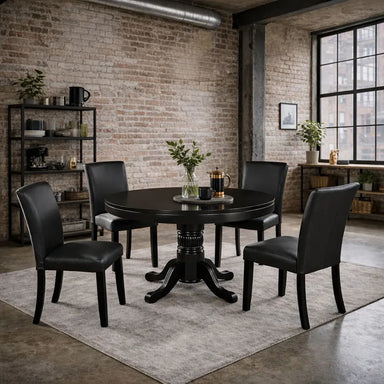 RAM Game Room GTBL48 BLK 48-inch round 2-in-1 game table with four black chairs in loft setting