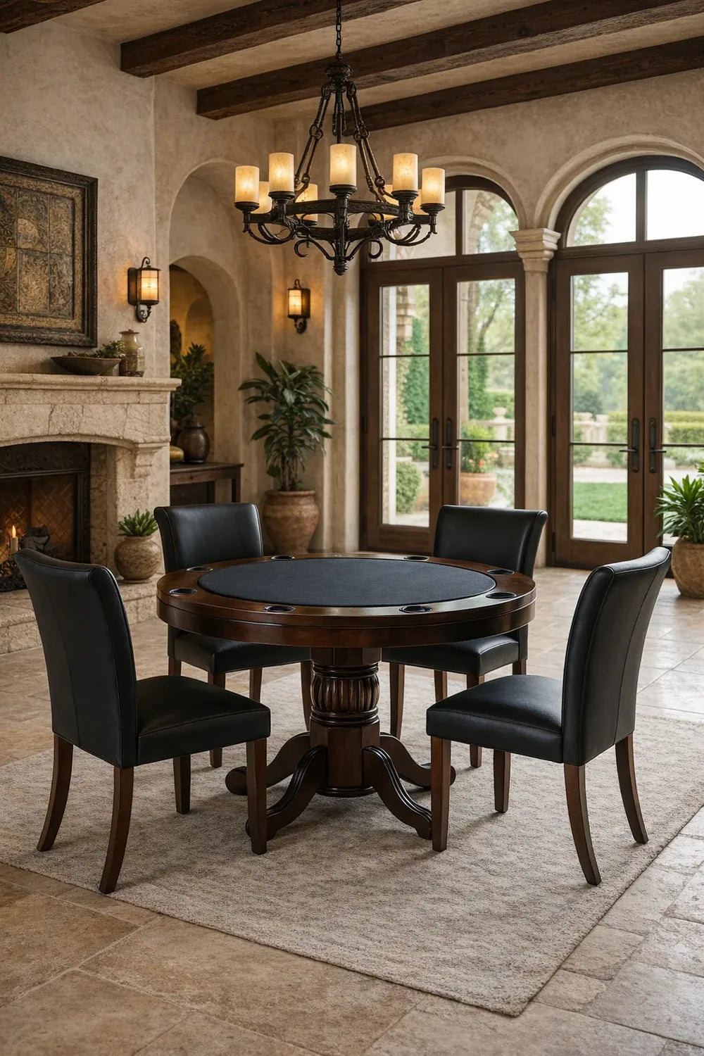 RAM Game Room GTBL48 CN 48-inch round 2-in-1 game table in cinnamon finish with black chairs