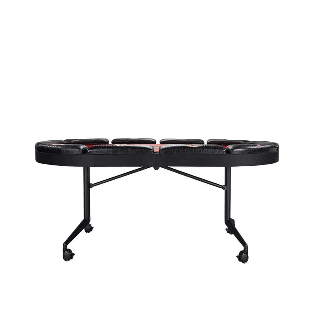Side profile of Triton 90-inch premium folding poker table with padded armrests, integrated cup holders, sturdy metal legs, and rolling caster wheels.