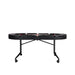 Side profile of Triton 90-inch premium folding poker table with padded armrests, integrated cup holders, sturdy metal legs, and rolling caster wheels.