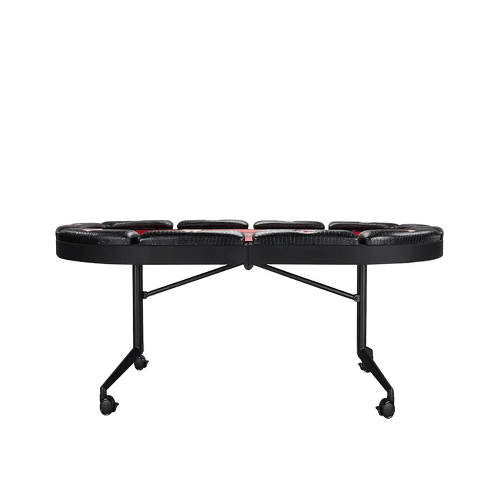 Side view of Triton folding poker table with black padded rail, cup holders, metal frame, and caster wheels.
