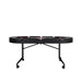 Side view of Triton folding poker table with black padded rail, cup holders, metal frame, and caster wheels.